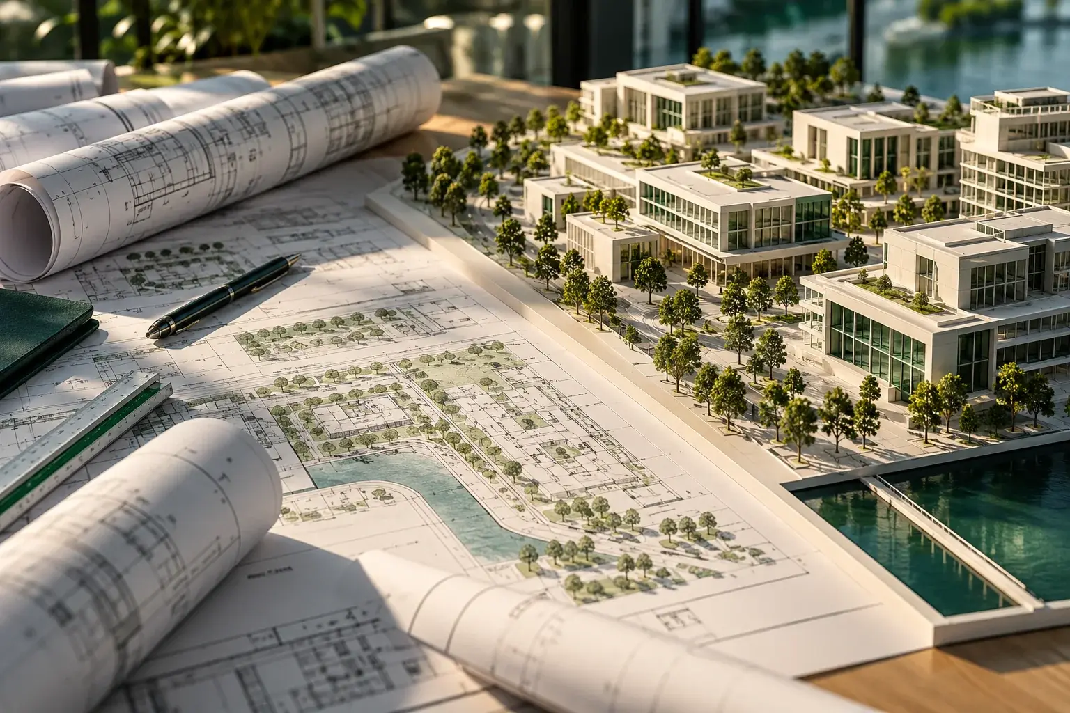 Illustrative architectural model and plans for project assessment